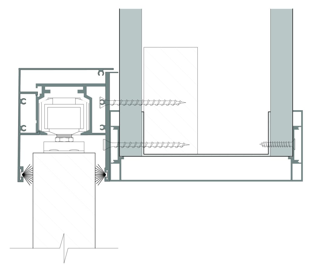 Cross-sectional engineering drawing of a mechanical housing with vertical posts, a screw drive, and surrounding frame.