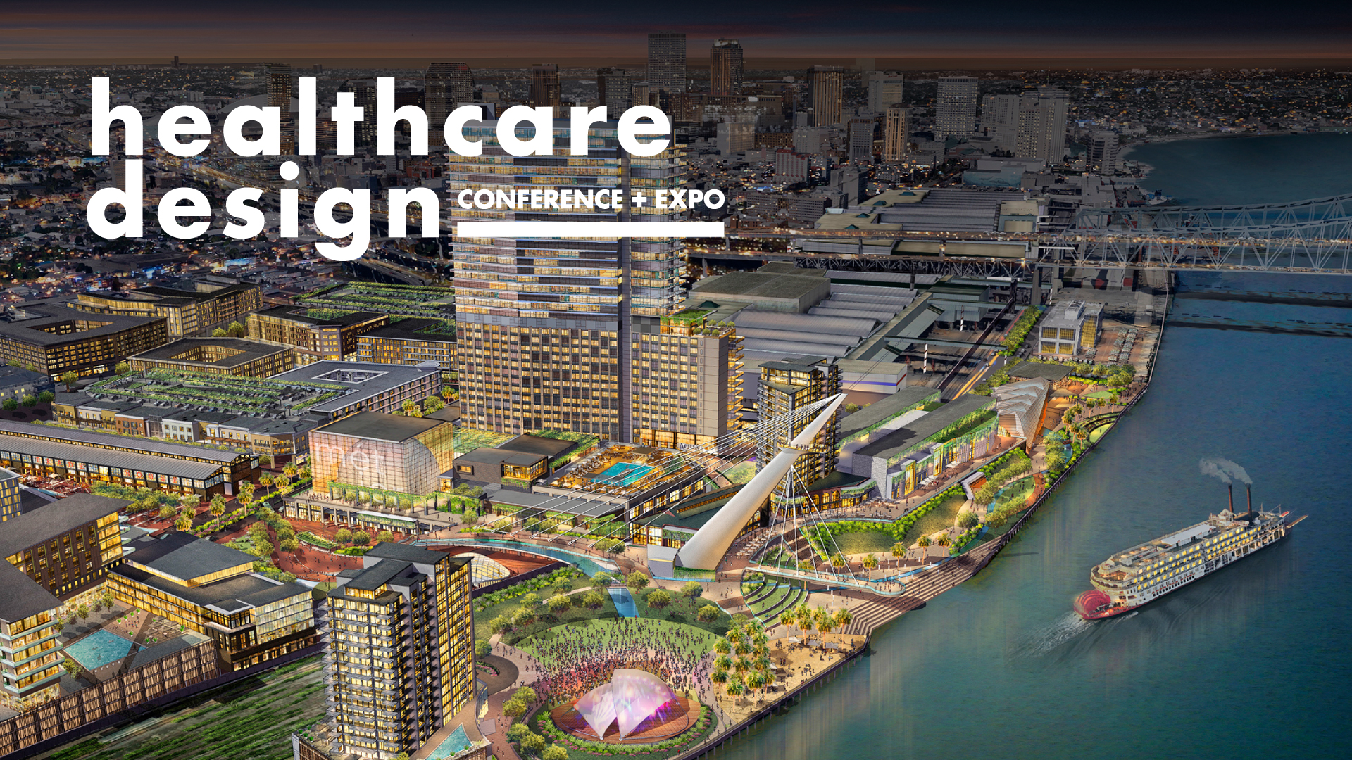 Aerial view of a modern waterfront city at dusk with an overlaid 'healthcare design' and 'CONFERENCE + EXPO' branding for the event hero image.